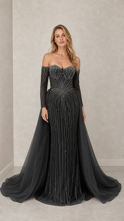 Front view of black variant beaded evening gown