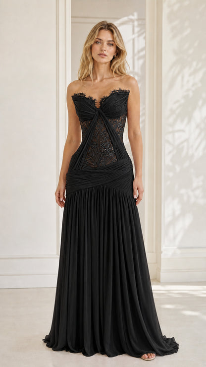 Model wearing black strapless lace evening dress