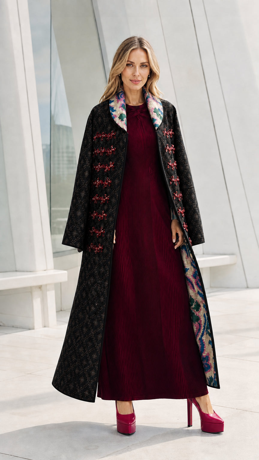 Model wearing the black variant of the quilted long coat
