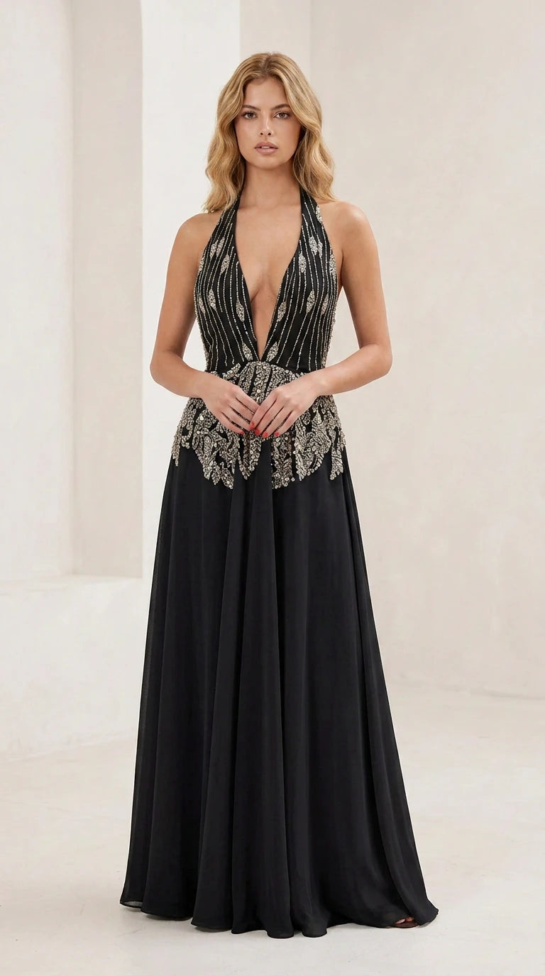 Front view of black evening gown variant