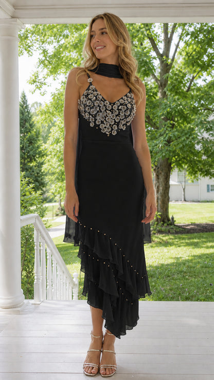 Black floral applique asymmetrical ruffle midi dress with scarf