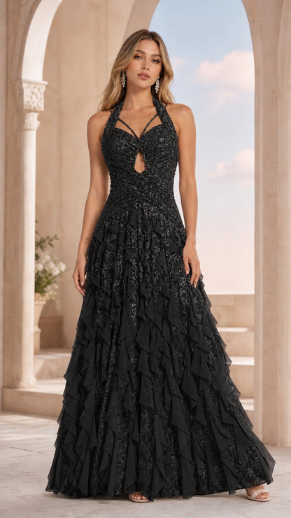 Black color variant of halter ruffled evening dress