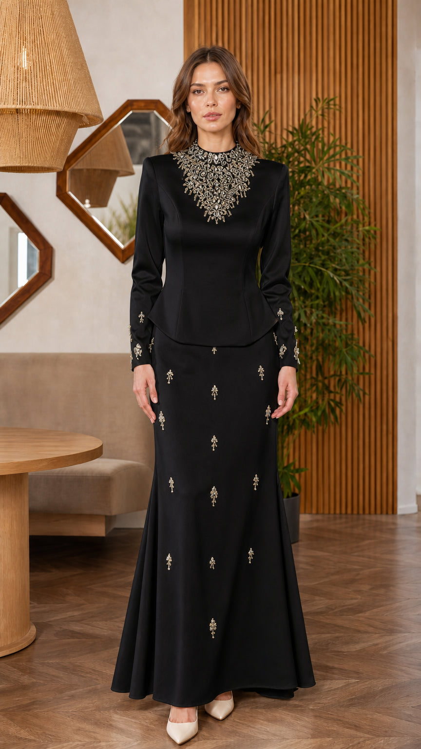 Black long sleeve pearl embellished two-piece evening dress set
