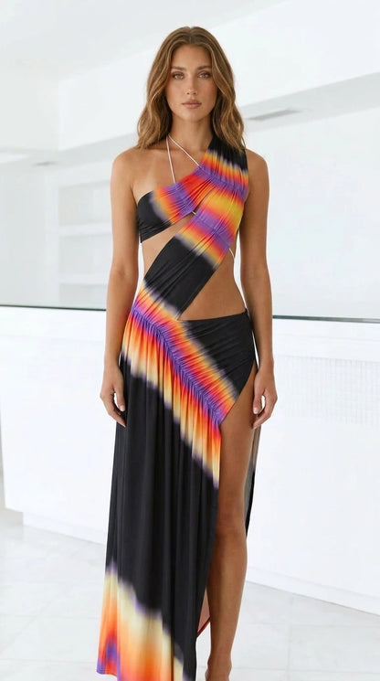 Model wearing black variant with colorful gradient accent