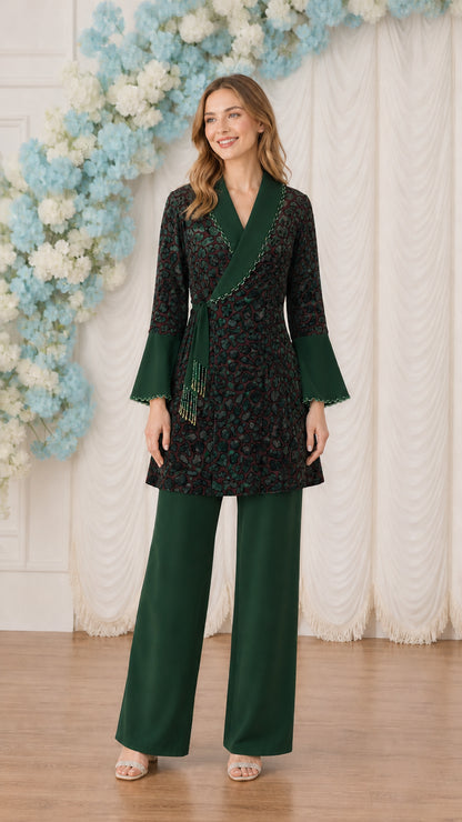 Dark Green longline wrap tunic and wide-leg trouser coordinated set