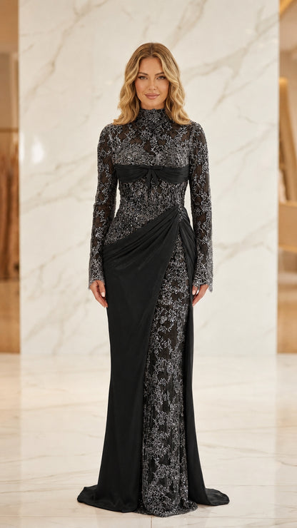 Model wearing black lace and satin evening gown