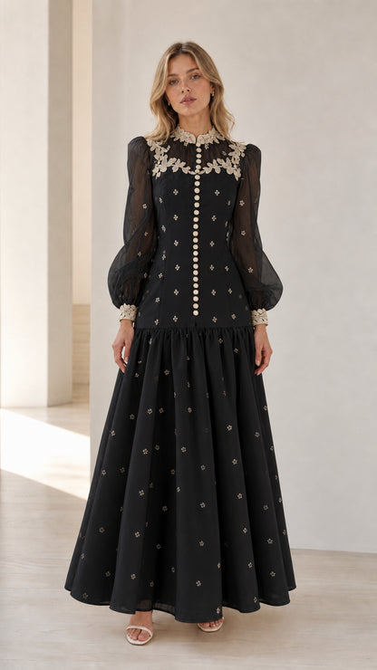 Black long sleeve lace detail drop waist formal maxi dress
