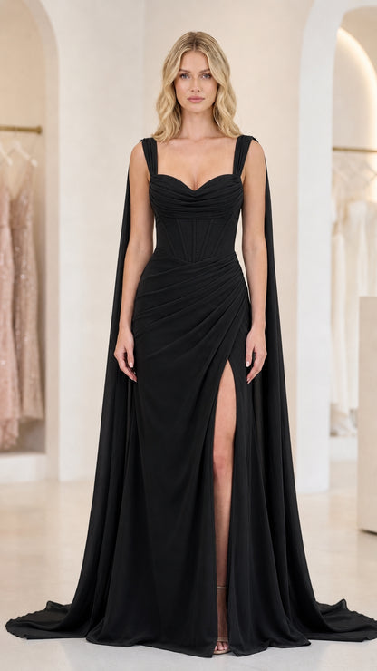 Front view of black evening gown with cape