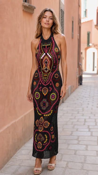 Model wearing black bohemian crochet maxi dress