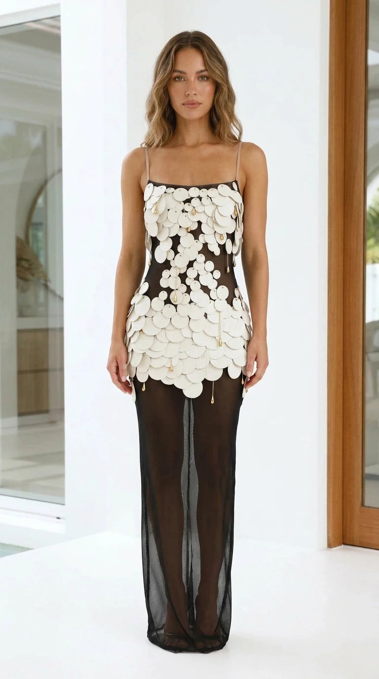 Front view of black embellished sheer mesh maxi dress