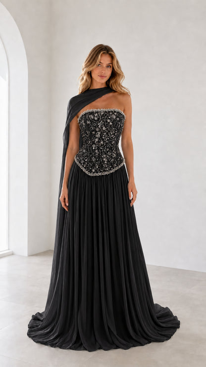 Full front view of black one-shoulder beaded corset evening gown