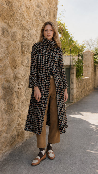 Model wearing black and white woven tweed high neck long coat