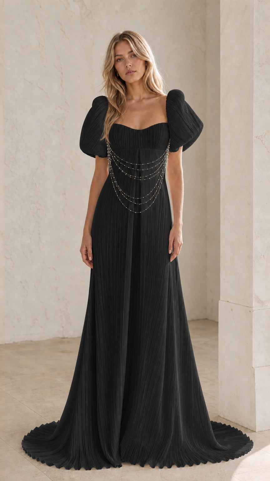 Front view of Black pearl draped pleated maxi dress