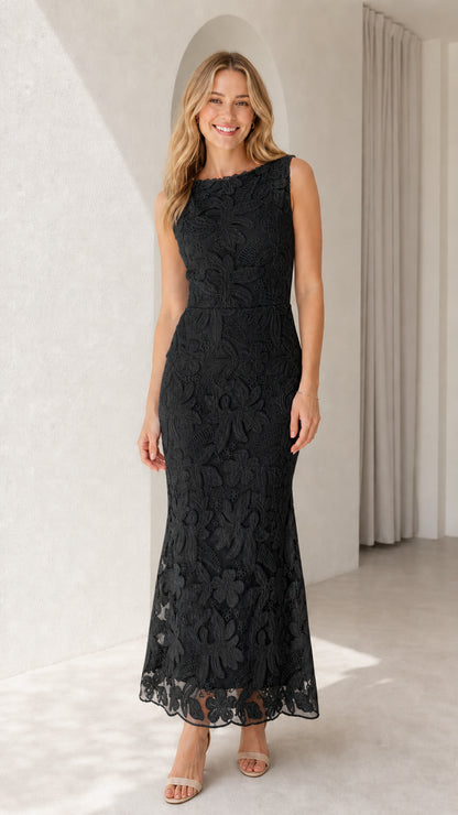 Model wearing black sleeveless floral lace formal evening gown