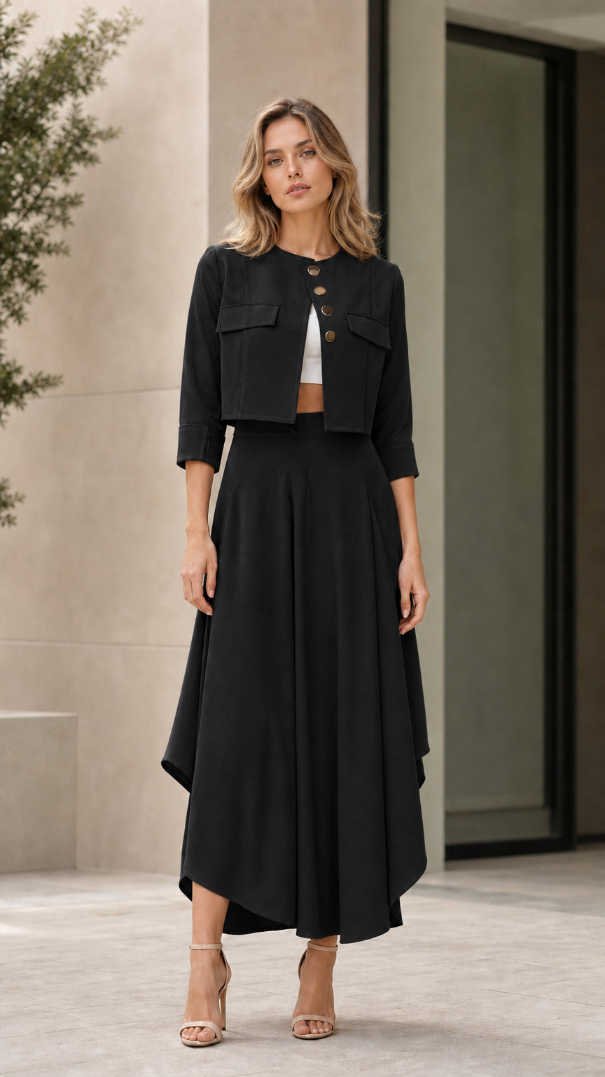 Model wearing black cropped button jacket and asymmetrical maxi skirt set