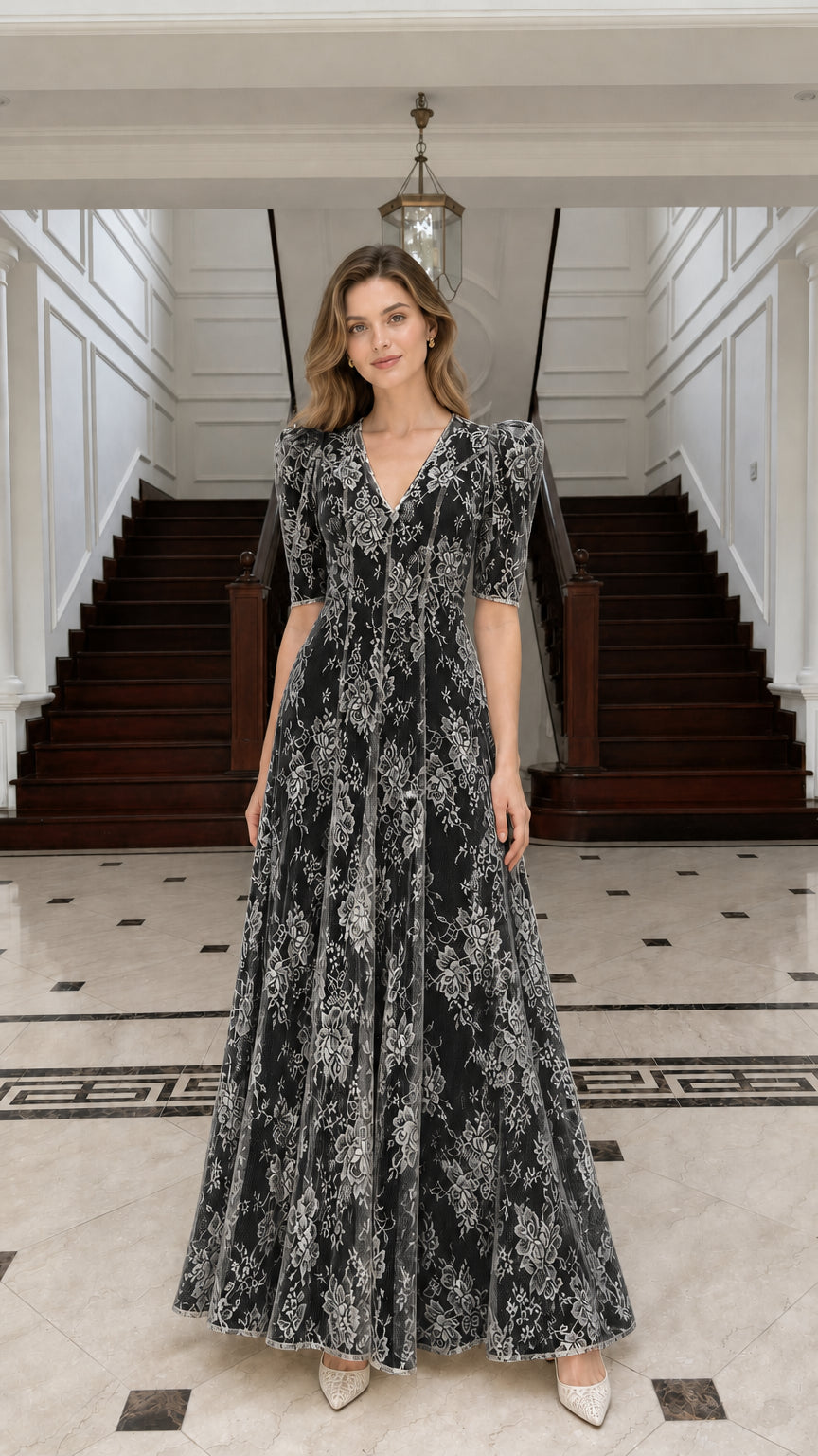 Front view of Black lace maxi dress on model