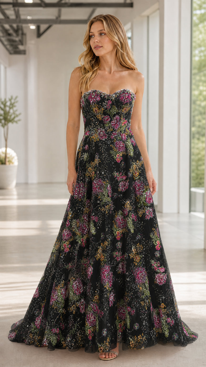 Front view of black floral embroidered strapless A-line evening gown