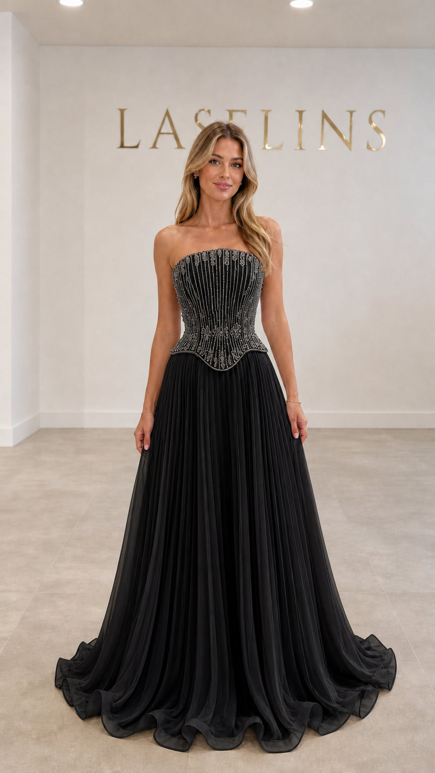 Black strapless beaded corset pleated formal maxi evening dress
