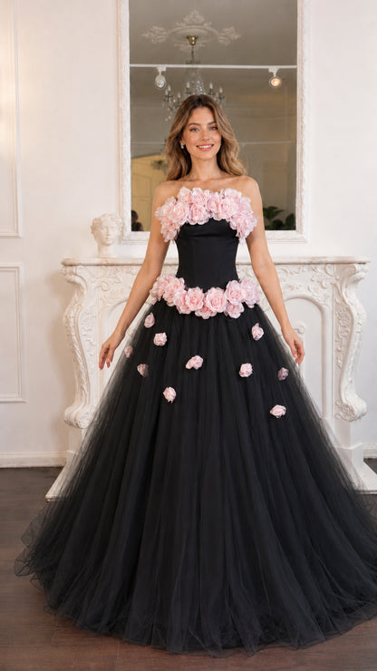 Model wearing the black color variant with pink floral details