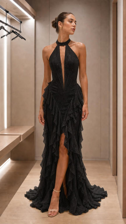 Front view of black halter neck evening dress