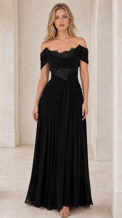 Front view of black off-the-shoulder ruched maxi dress