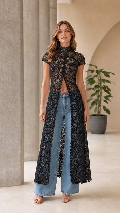 Front view of black lace long duster cardigan