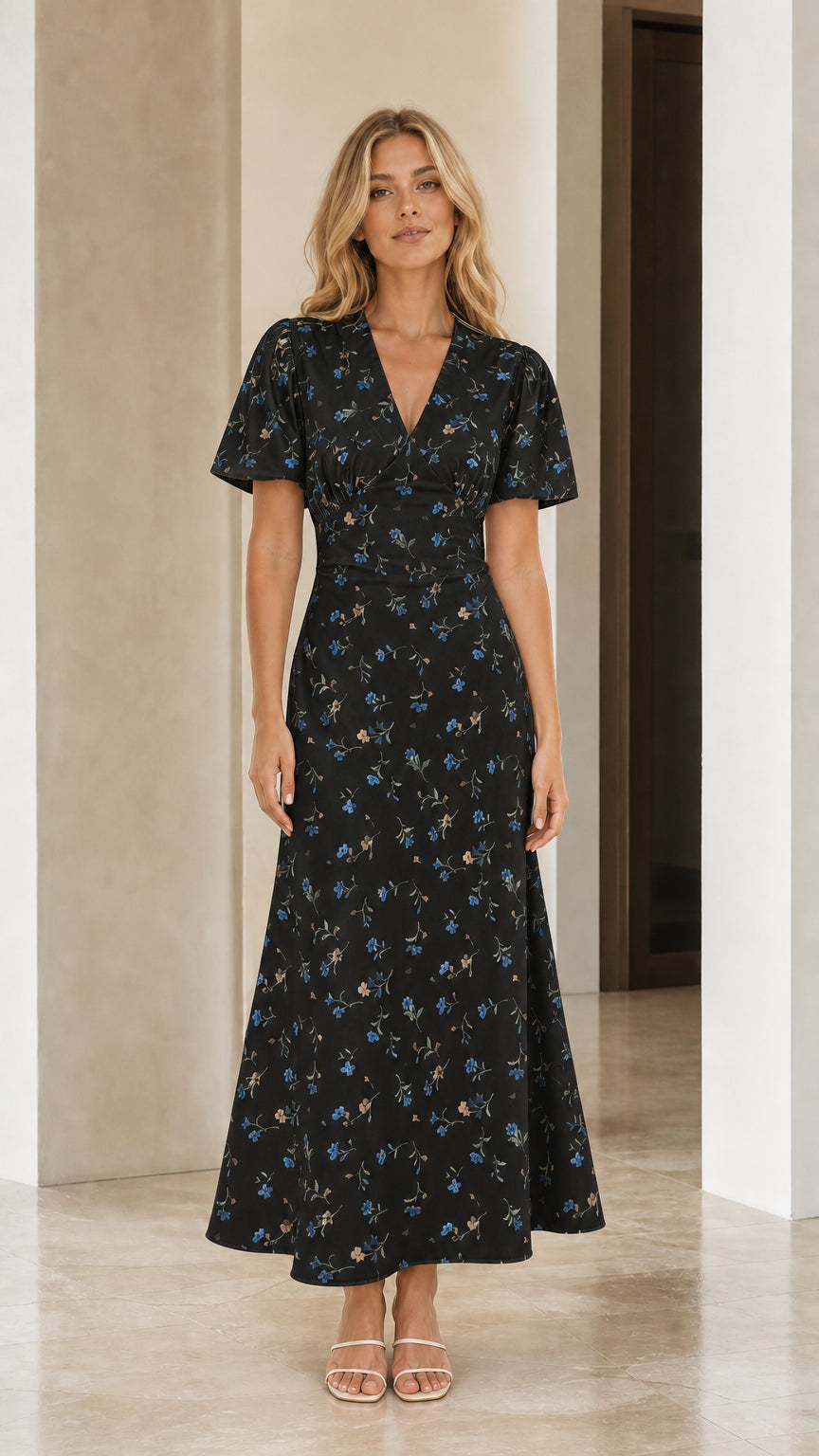 Front view of woman wearing black floral print maxi dress