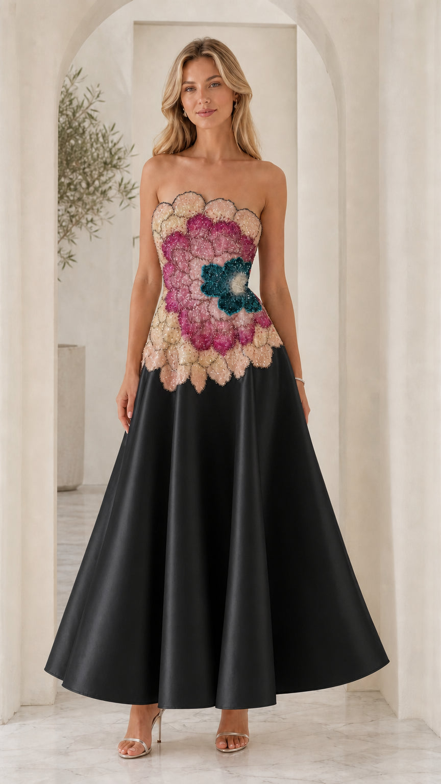 Model wearing black variant of strapless evening dress