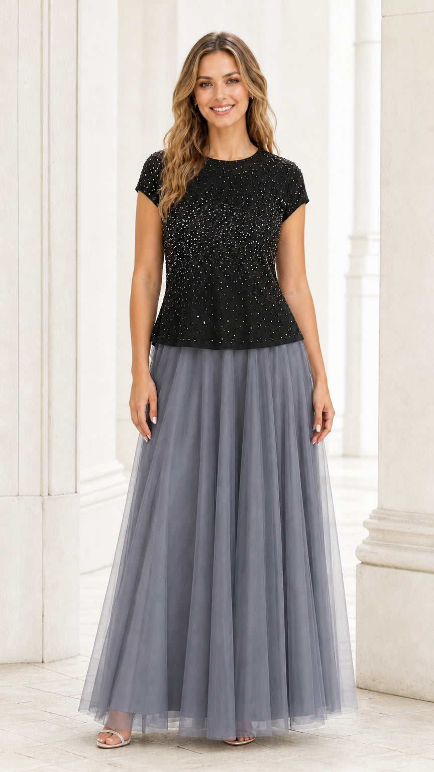 Full view of the black beaded top with grey tulle skirt combination