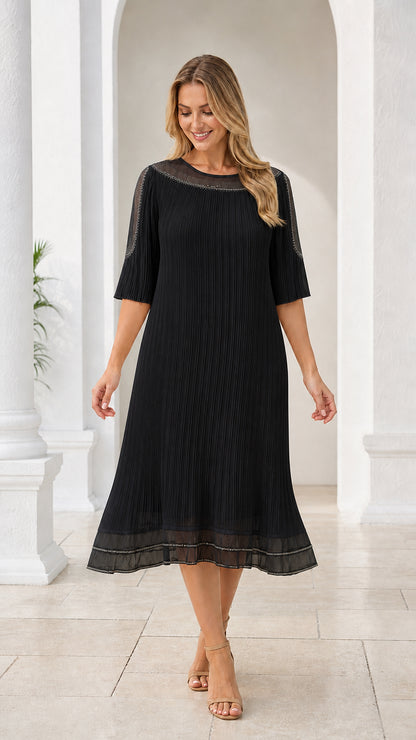 Black pleated midi dress with rhinestone illusion neckline and half sleeves