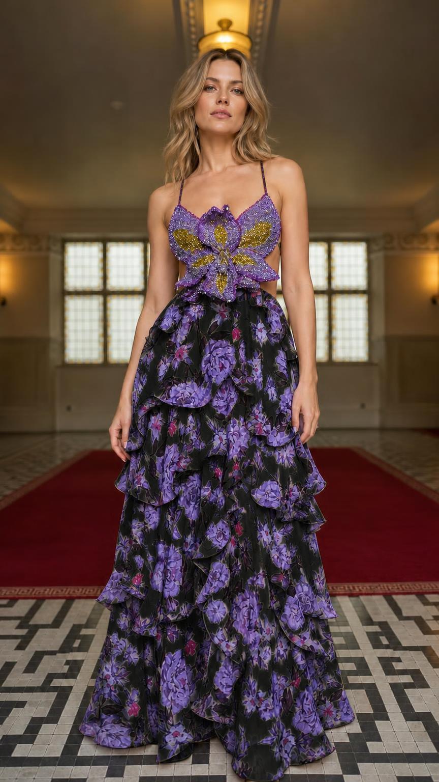 Model wearing black floral ruffle maxi dress with beaded bodice