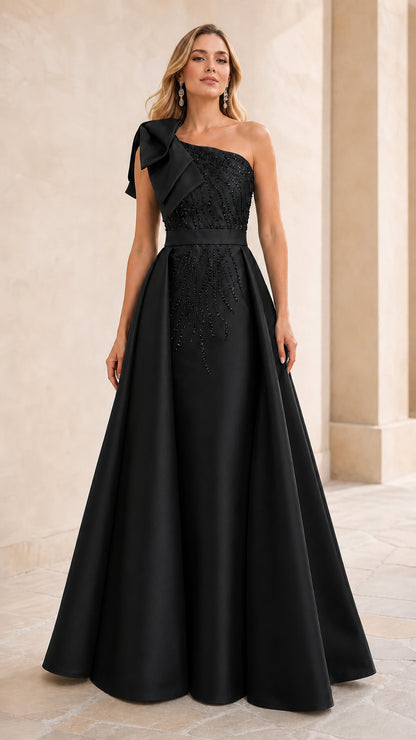 Black One-Shoulder Bow Embellished Beaded Evening Gown