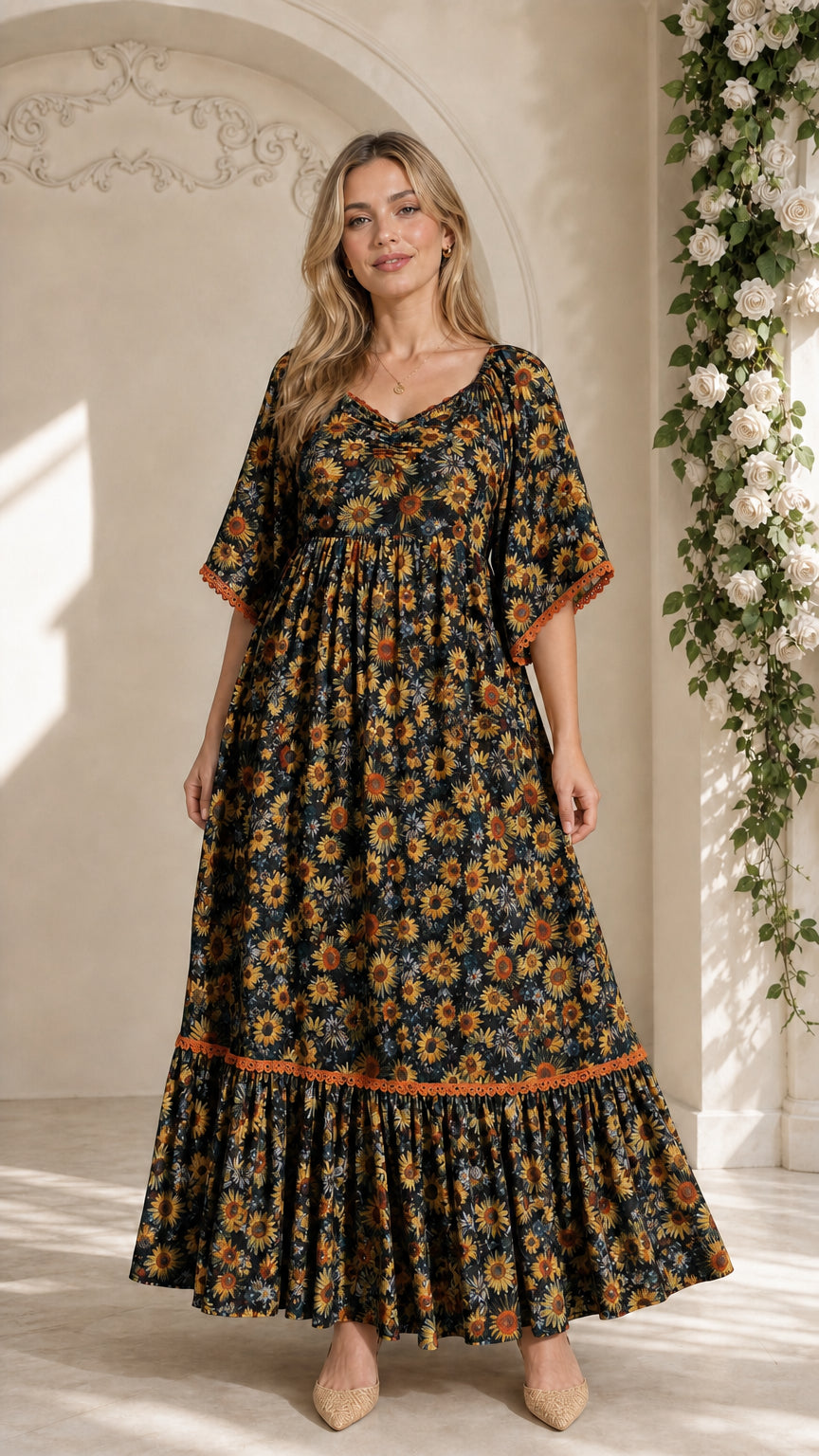 Model wearing black floral tiered maxi dress with lace trim