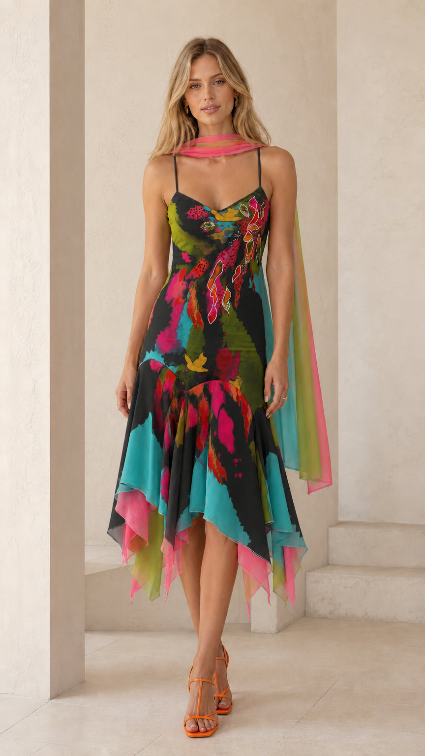 Front view of multi black floral watercolor midi dress
