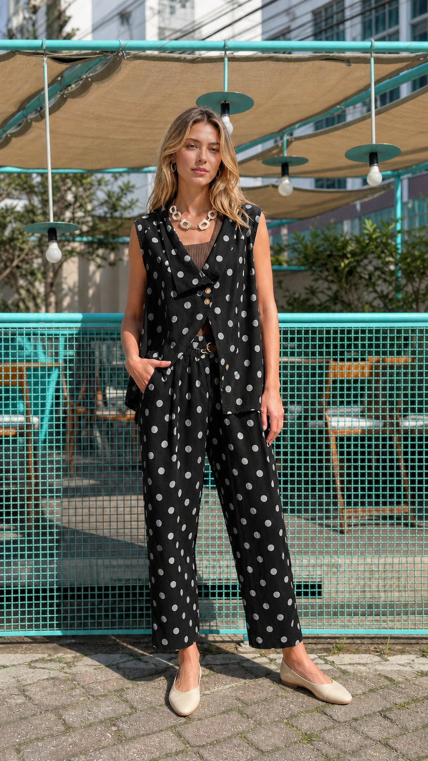 Model wearing black polka dot two-piece outfit