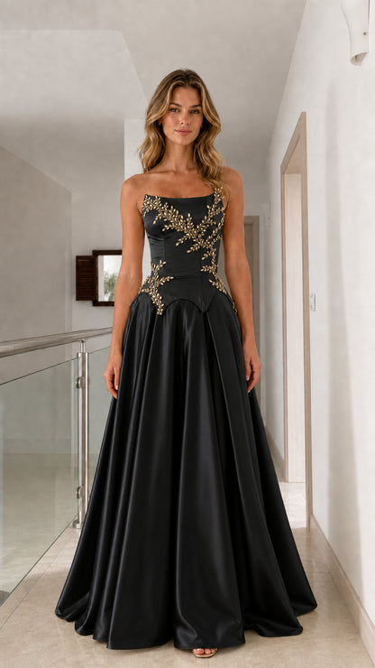 Black strapless satin ball gown with gold crystal beaded basque waist