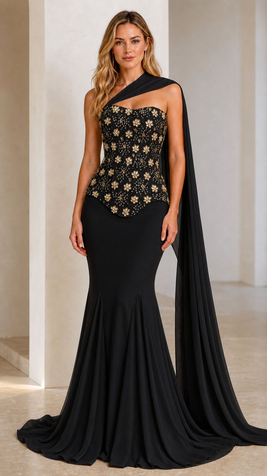 Front view of black beaded one-shoulder evening dress