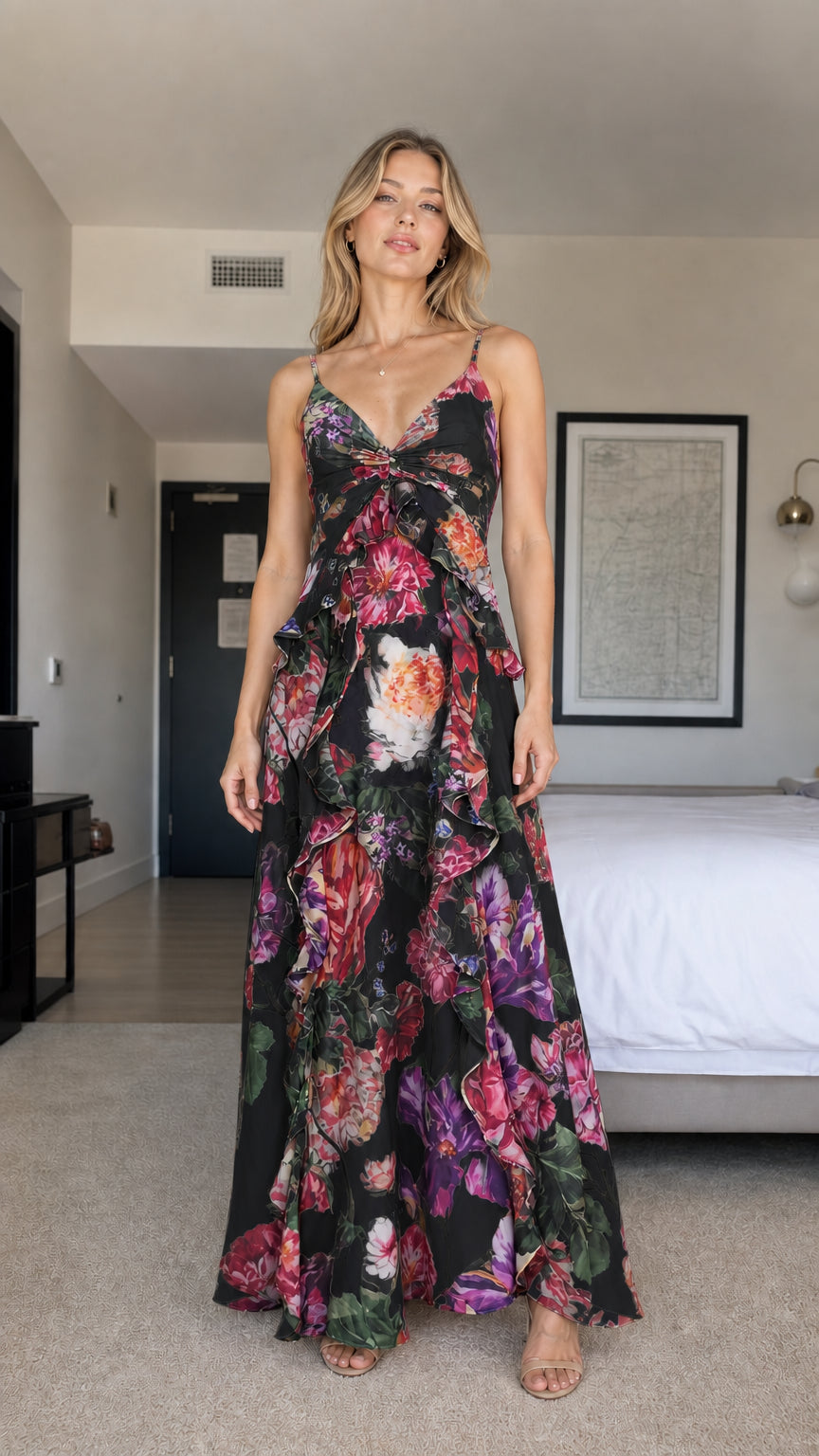Model wearing black floral print ruffle maxi dress