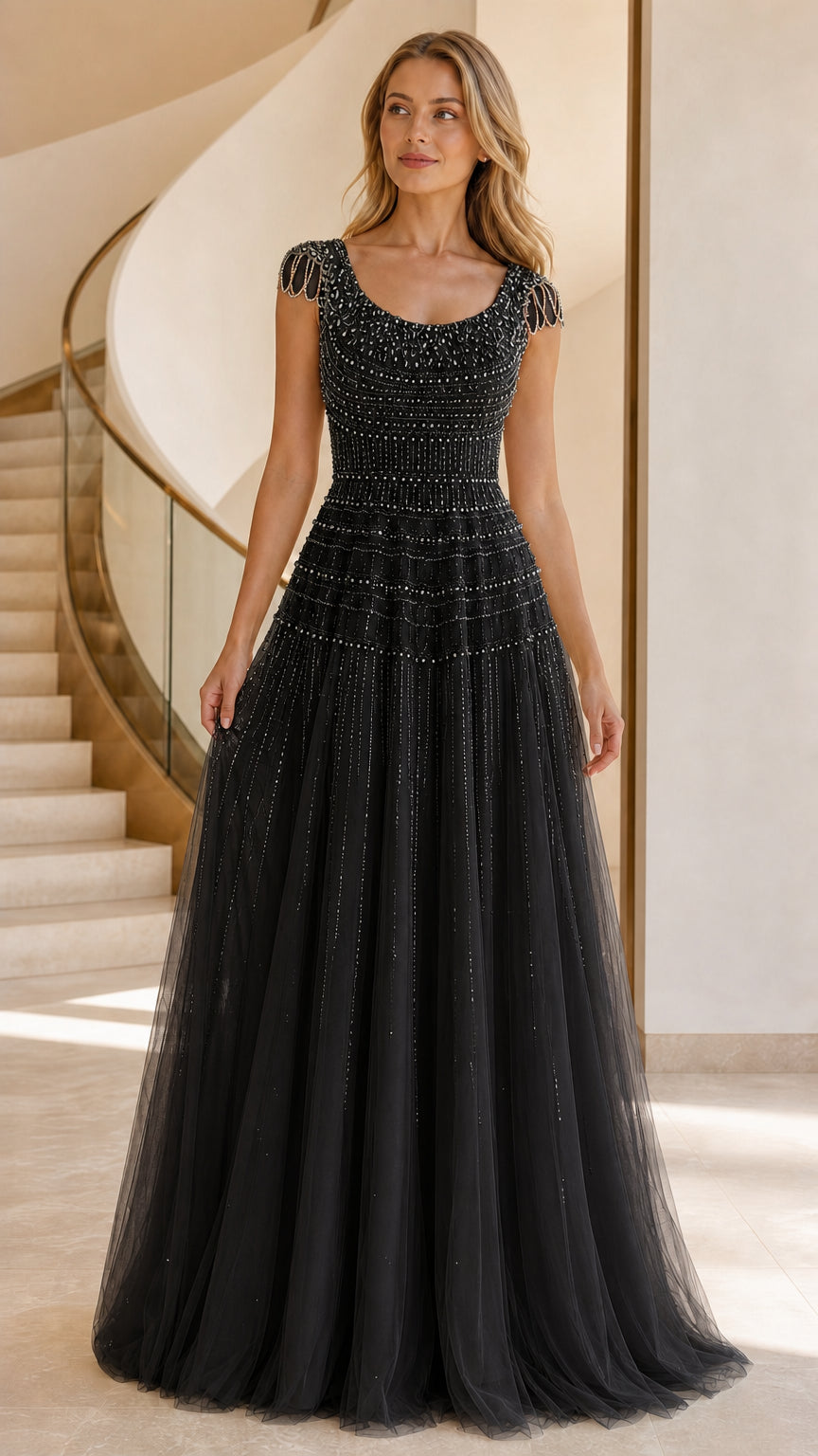 Black beaded tulle evening gown