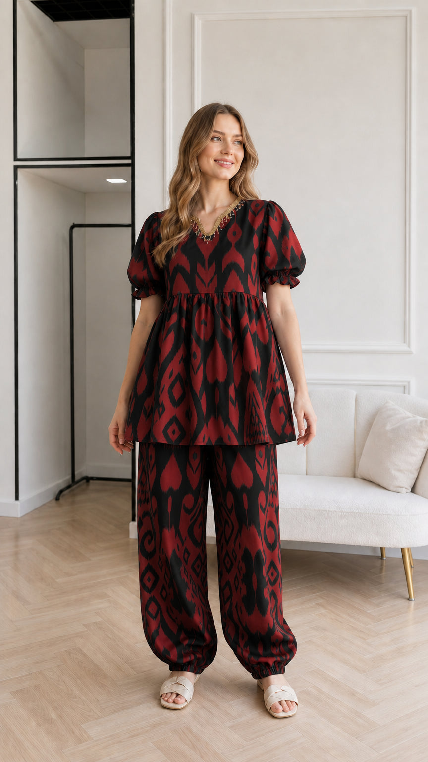 Woman wearing Black and red ikat print beaded babydoll top and matching pants