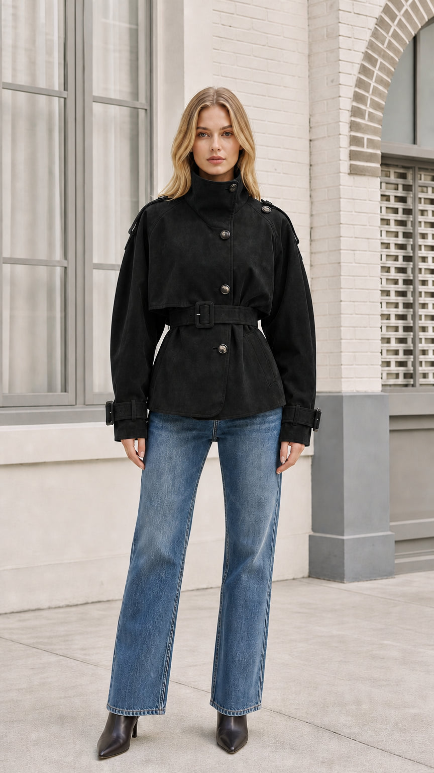 Front view of black faux suede trench jacket