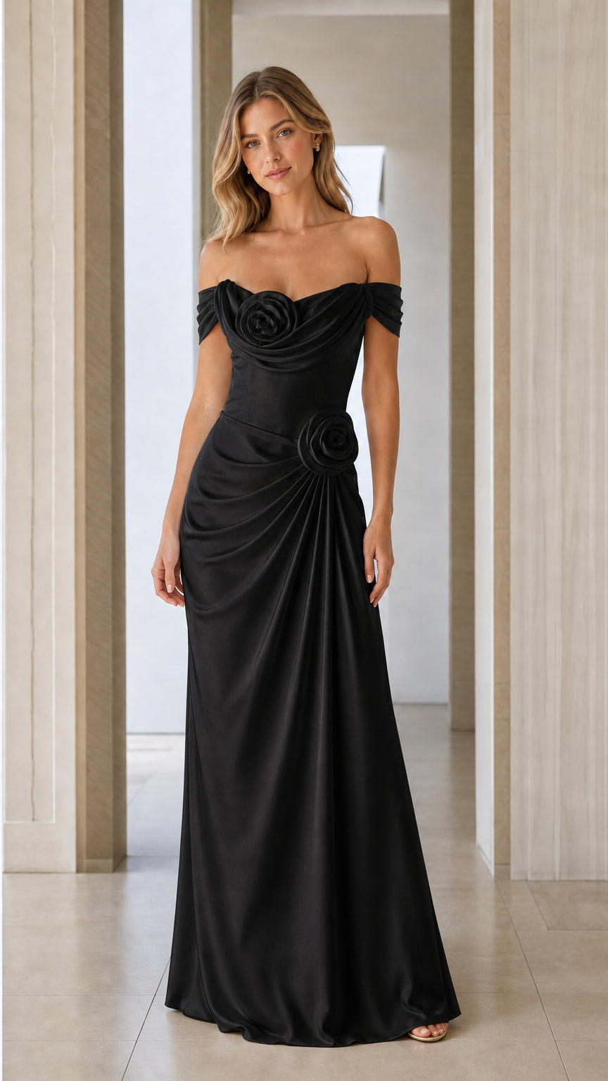 Front view of black off-shoulder ruched satin maxi dress