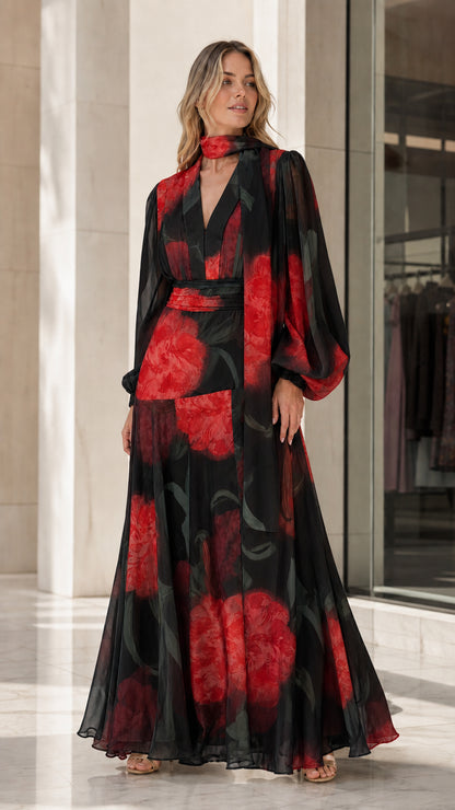 Full-length black watercolor floral chiffon maxi dress with long bishop sleeves