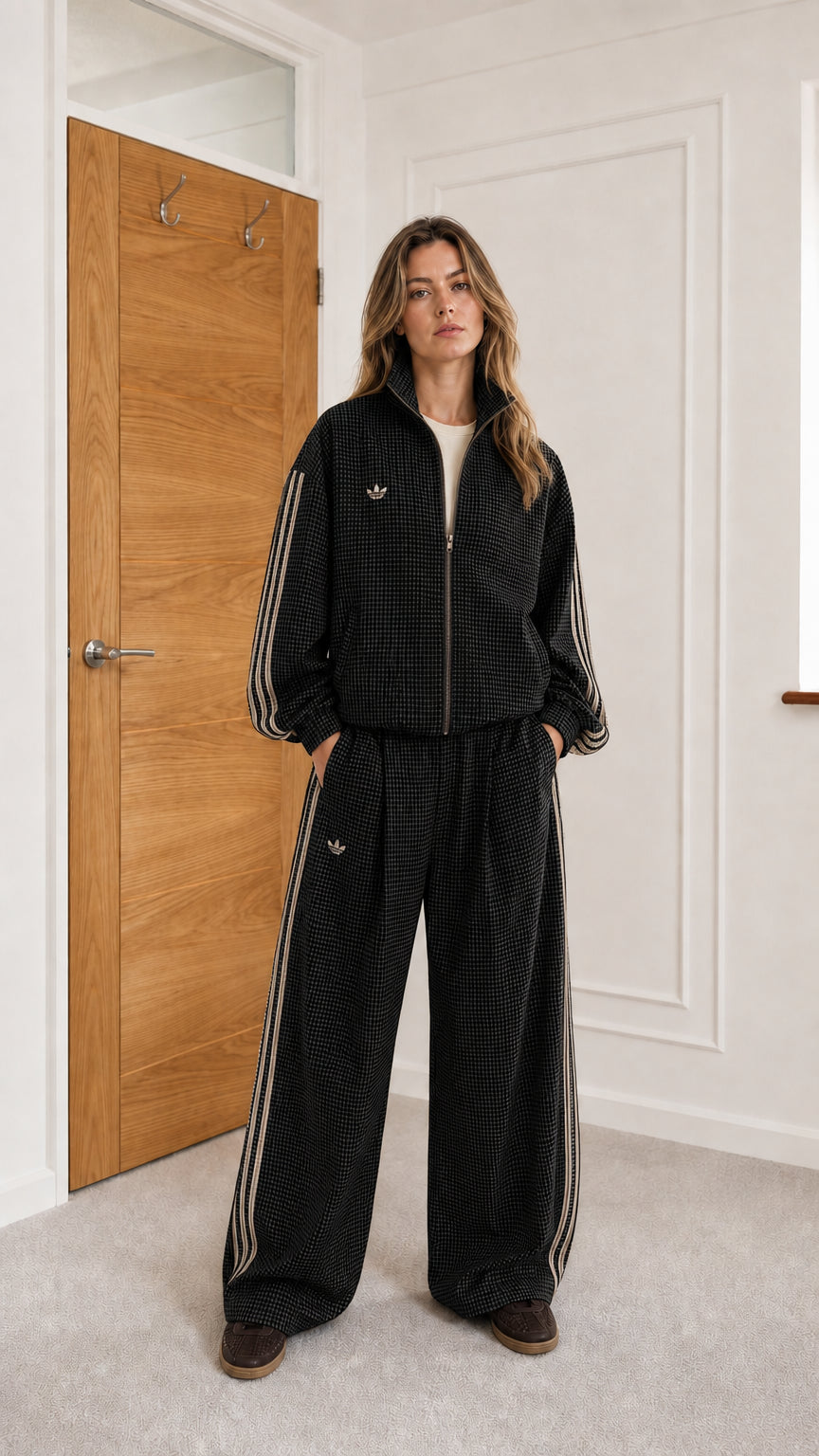 Model wearing black houndstooth track jacket and matching wide-leg pants set