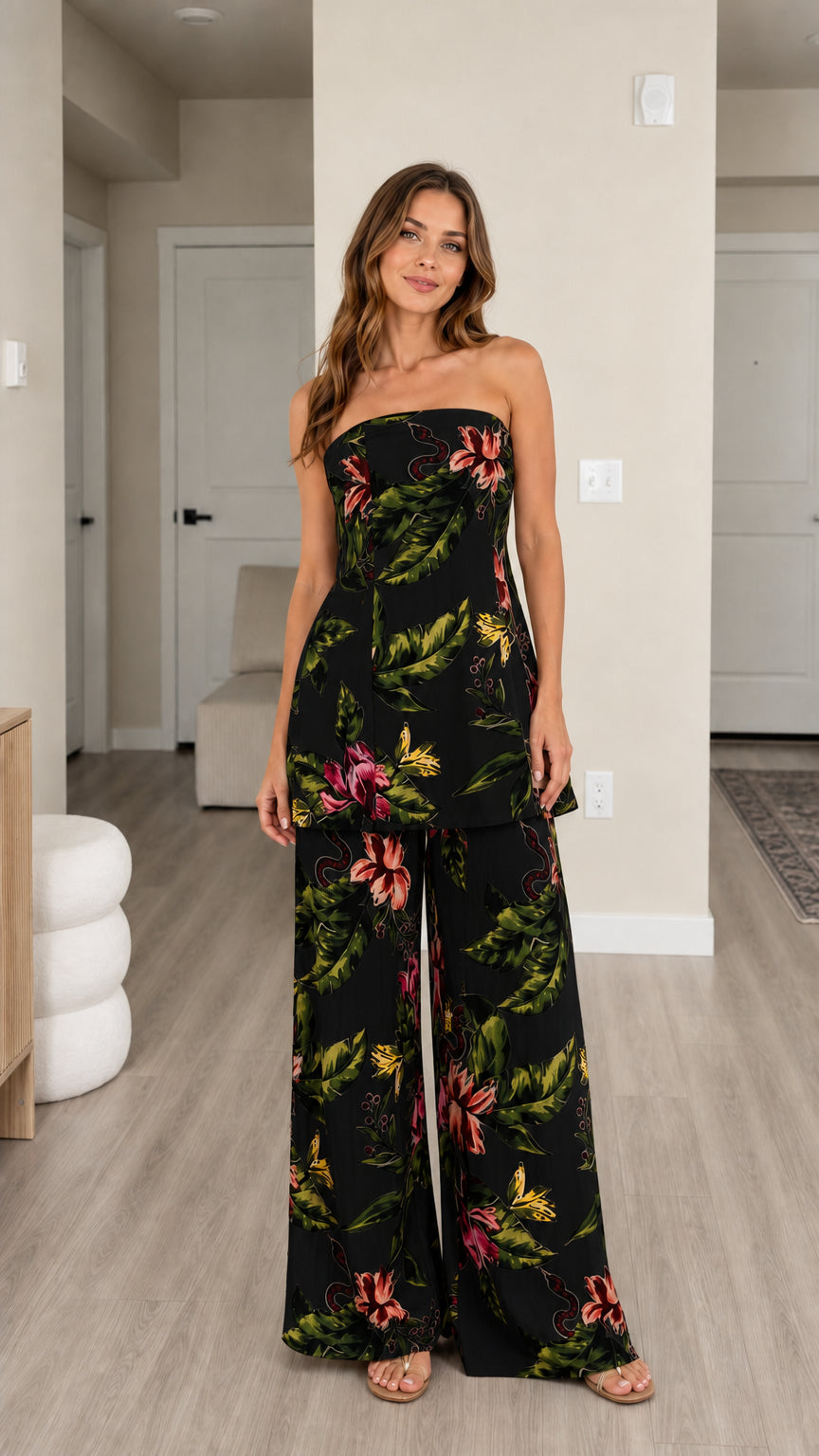 Front view of black tropical floral matching set
