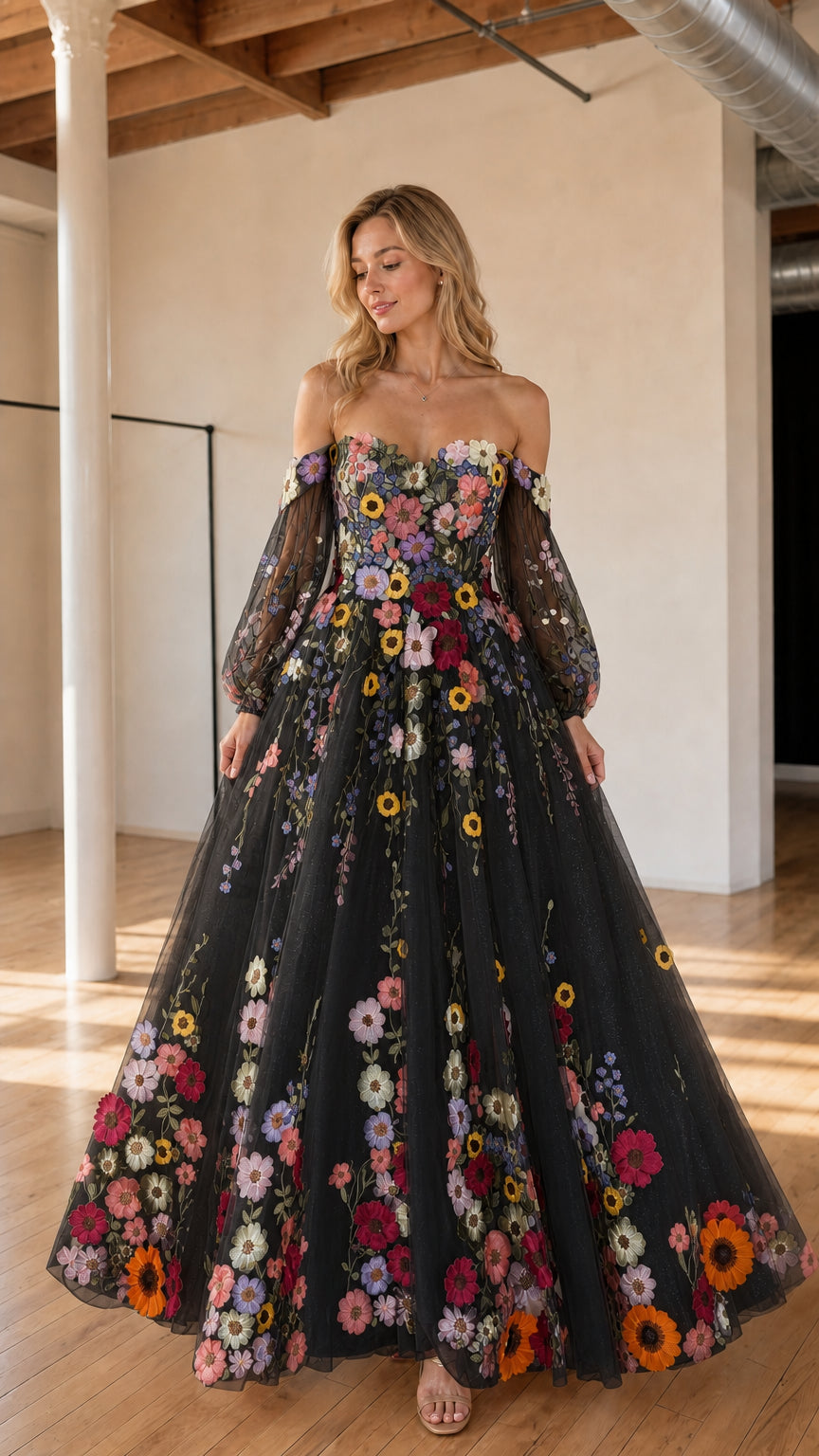 Black off-the-shoulder floral embroidered tulle evening gown