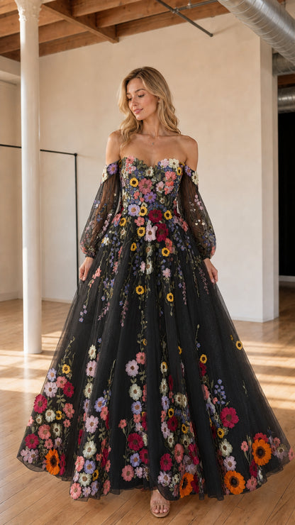 Black off-the-shoulder floral embroidered tulle evening gown