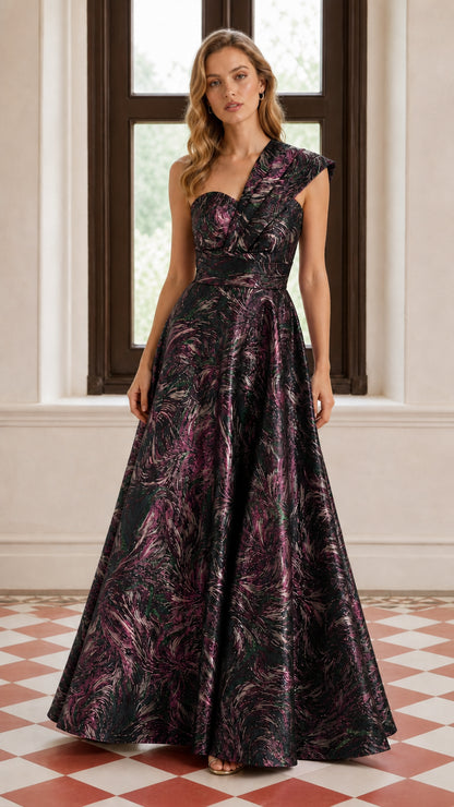 One-Shoulder Pleated Metallic A-Line Maxi Evening Gown in Black