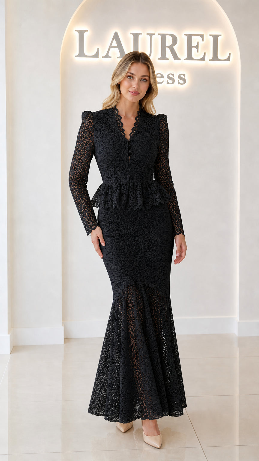 Front view of black floral lace peplum mermaid evening gown