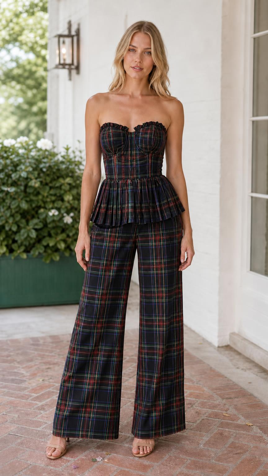 Model wearing black multi plaid strapless corset peplum top and wide leg pants set